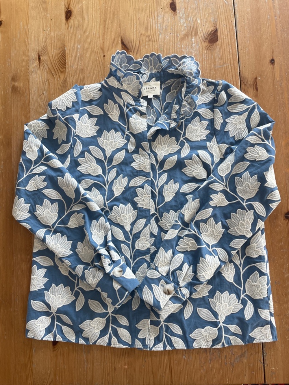 Sezane Blue Floral Embroidered Blouse with Cream Motif